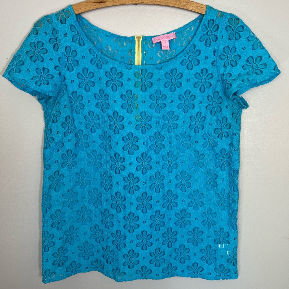 Lilly Pulitzer Women’s Turquoise Blue Floral Lace Women's Blouse Top Size S